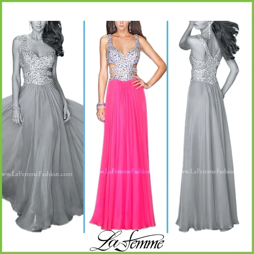 La Femme Bold Pink Gemstone Embellished Sleeveless Gown Dress